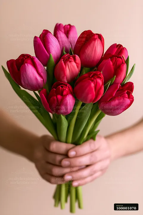 A person holds a bouquet of red and pink tulips, displaying the vibrant flowers in front of a soft, neutral background.