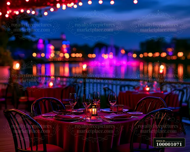 Tables are arranged on a deck overlooking water, illuminated by string lights.