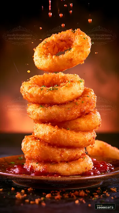 A stack of crispy onion rings is arranged on a plate with a small bowl of dipping sauce.