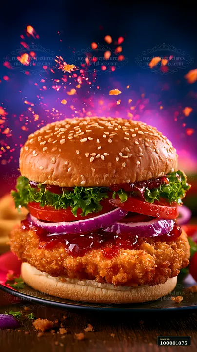 A chicken burger features a crispy fillet with lettuce, tomato, onion, and sauce inside a sesame seed bun.