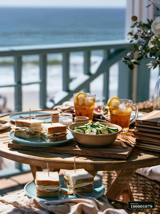 Friends gather for a beach picnic buffet featuring sandwiches, salad, and drinks on a table with an ocean view.