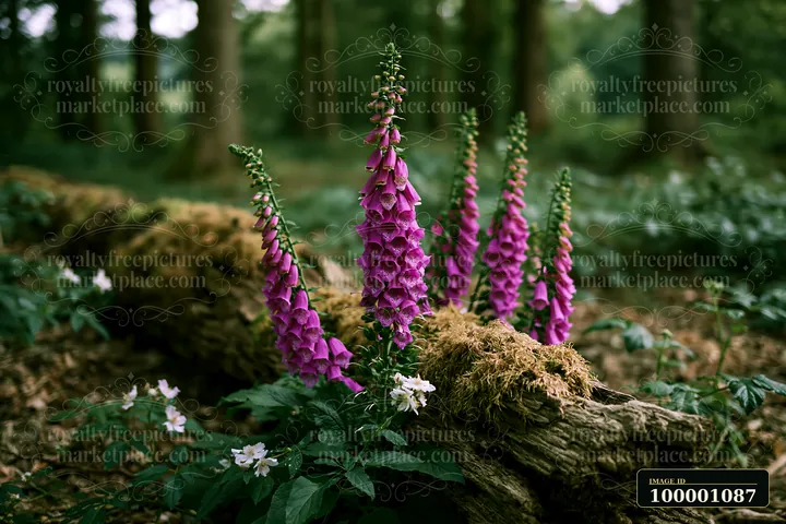 Foxglove flowers in woodland clearing grow from a moss-covered log surrounded by green foliage and wildflowers.