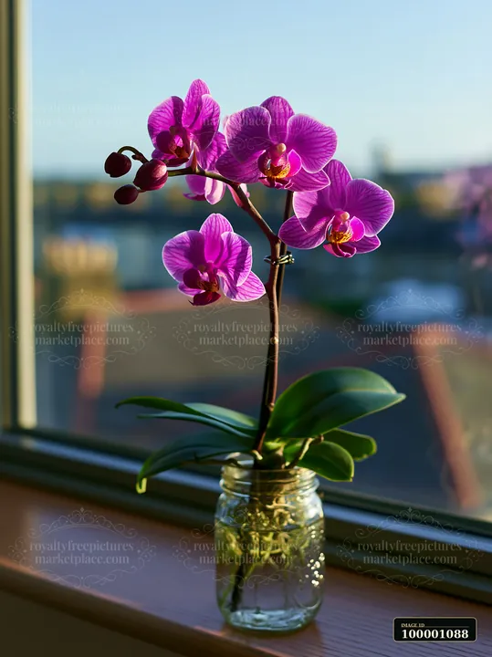 A vibrant orchid flower displays its purple petals on a windowsill in a glass jar.
