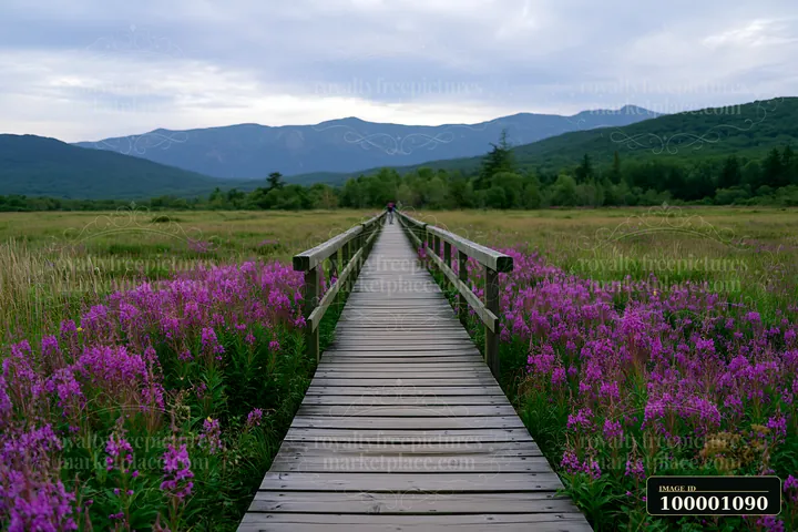 A wooden pathway stretches through vibrant flowers leading to mountains under a cloudy sky.