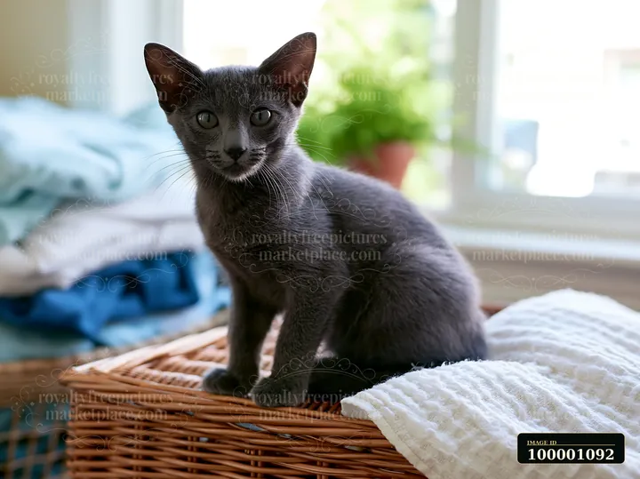 A Korat kitten is perched on a woven basket surrounded by folded laundry in a bright room.