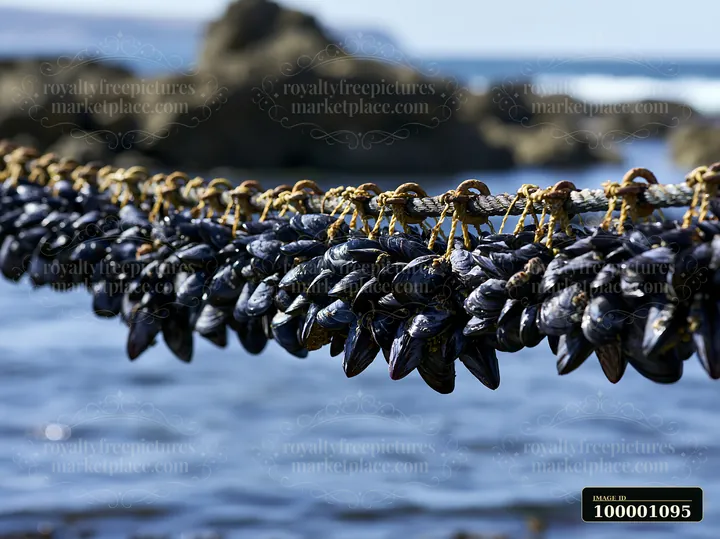Mussel farms are displayed above the water, showing rows of mussels suspended from ropes.