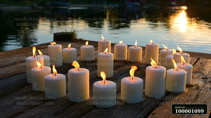 Candles arranged in a circle on a wooden pier create a warm glow as the sun sets over the water.