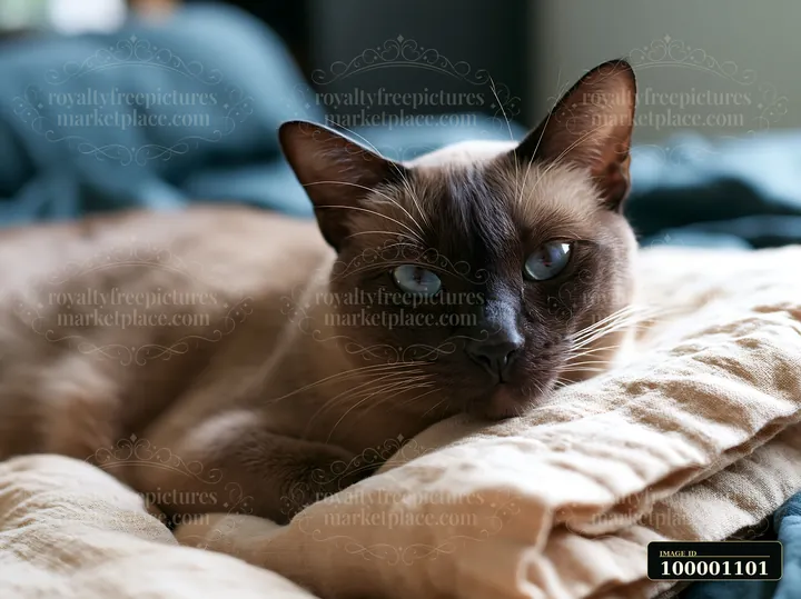 A Tonkinese cat rests comfortably on soft bedding.