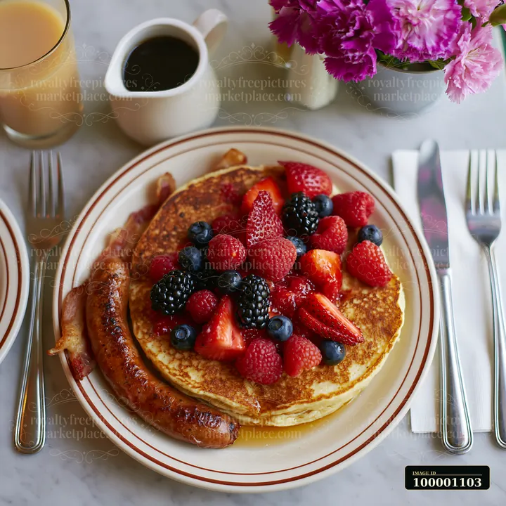 A breakfast plate features pancakes topped with mixed berries and served with sausage.