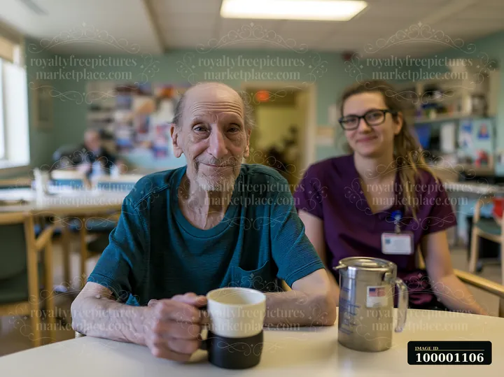 A person with Parkinson's disease receiving support sits at a table with a caregiver in a bright room.