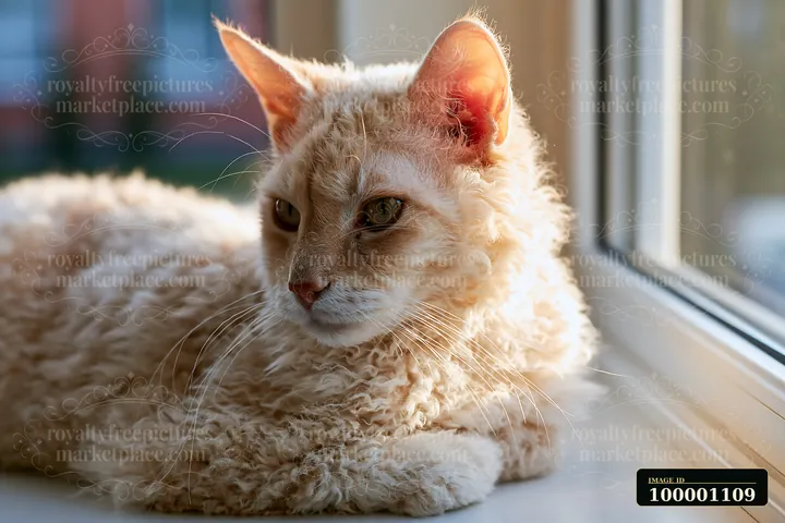 A LaPerm cat rests on a windowsill, showcasing its curly fur and relaxed demeanor.