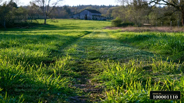 A meadow recovering after mowing shows fresh green grass emerging along a dirt path leading to a barn.