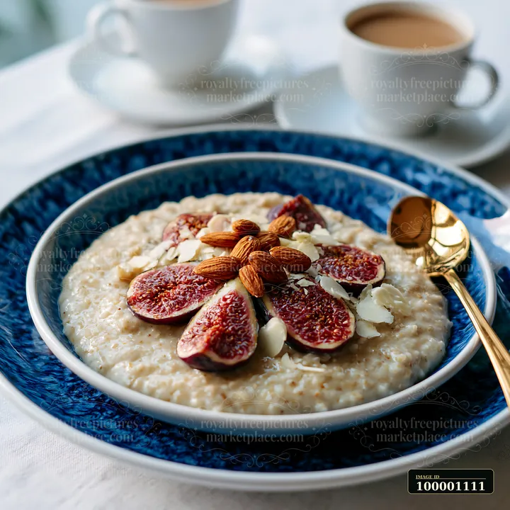 A breakfast plate with oatmeal topped with figs, almonds, and sliced nuts sits on a table.