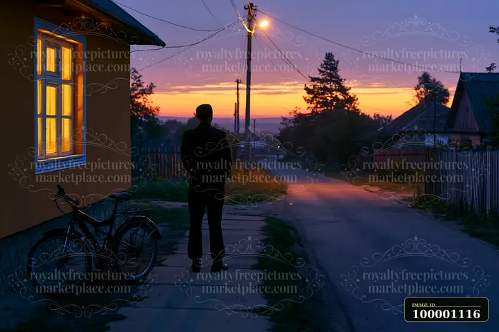 A soldier stands on a rural road at dawn, watching as light breaks over the horizon.