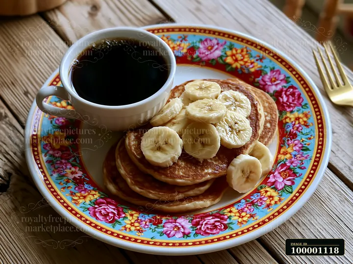 A breakfast plate with coffee includes a stack of pancakes arranged with banana slices on a floral-patterned plate, set on a wooden table.