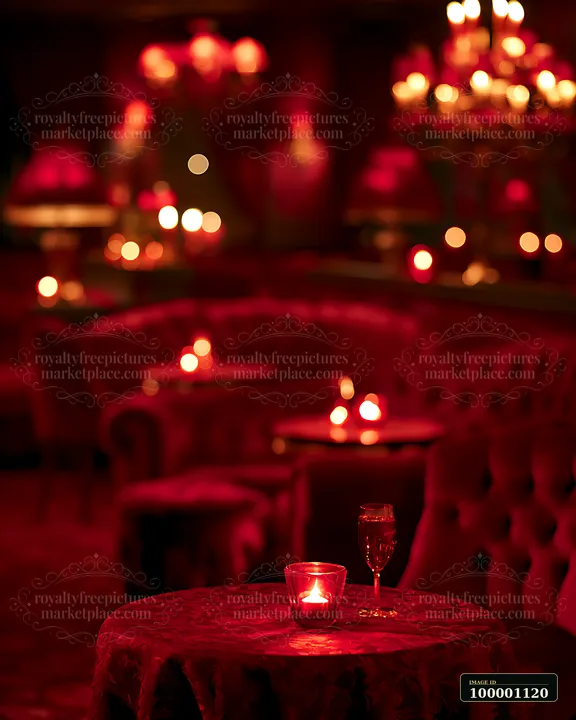 A cozy lounge features plush seating and glowing candles casting warm red light.