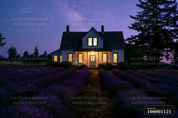 A country house is illuminated under a starry sky, surrounded by rows of lavender.