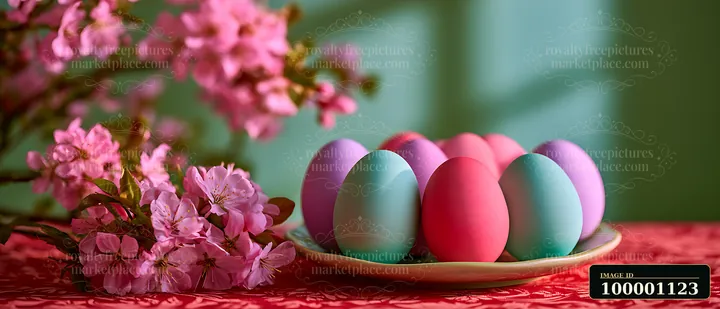 A plate holds pastel-colored Easter eggs, surrounded by blooming cherry blossoms.