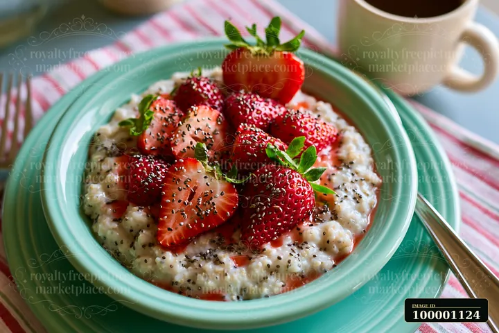 A breakfast plate with oatmeal topped with sliced strawberries and chia seeds sits on a light blue table.