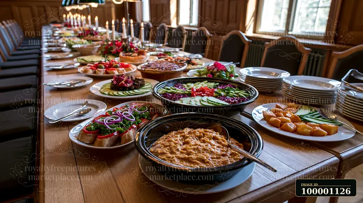 A long wooden table features a corporate lunch buffet with various dishes, salads, and desserts.