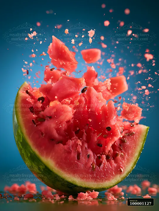 A watermelon is violently bursting apart, sending pieces flying in all directions.