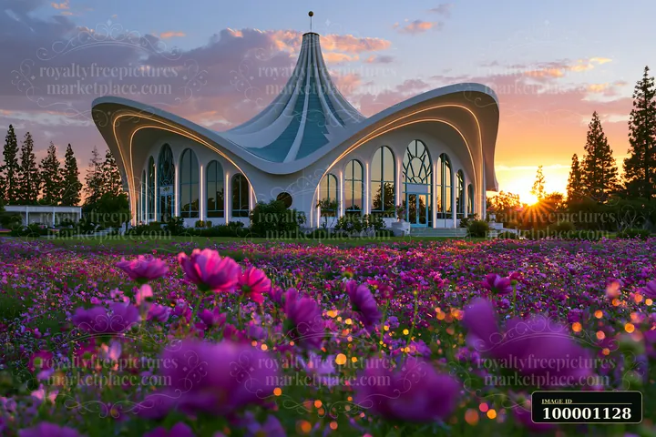 The scene shows a unique modern building surrounded by a field of blooming flowers during sunset.