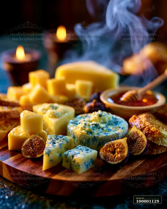 A wooden board displays various cheeses alongside dried figs and a small bowl of honey.