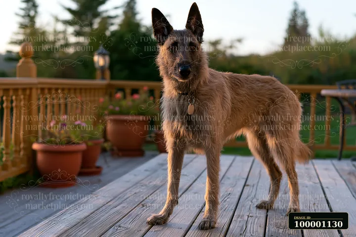 A rare dog breed stands on a wooden deck, looking attentive during obedience training.