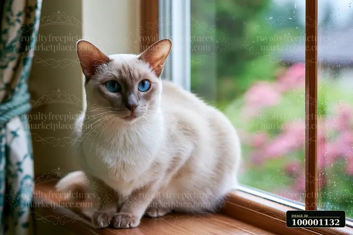 A Tonkinese cat sits quietly on a windowsill, looking outside at a colorful garden.