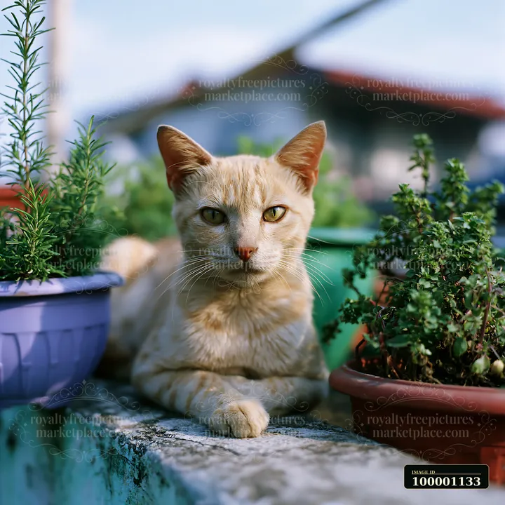 A Mandalay cat lies on a stone surface surrounded by potted herbs and plants.