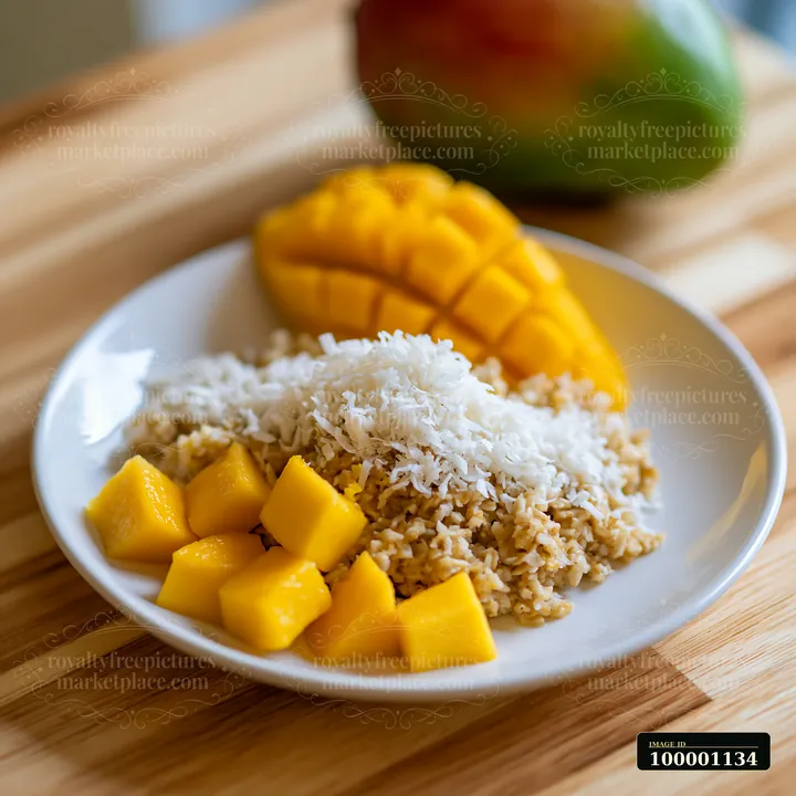 Breakfast plate with muesli features cubes of mango and shredded coconut on a wooden table.