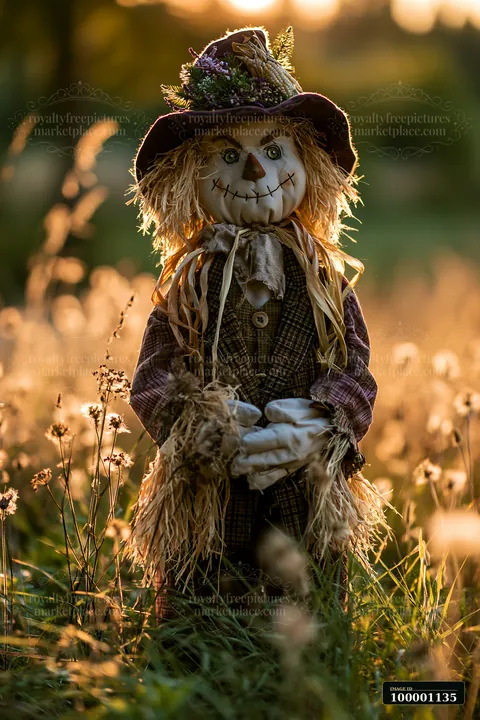 A rustic scarecrow stands in a meadow with tall grass as the sun sets.