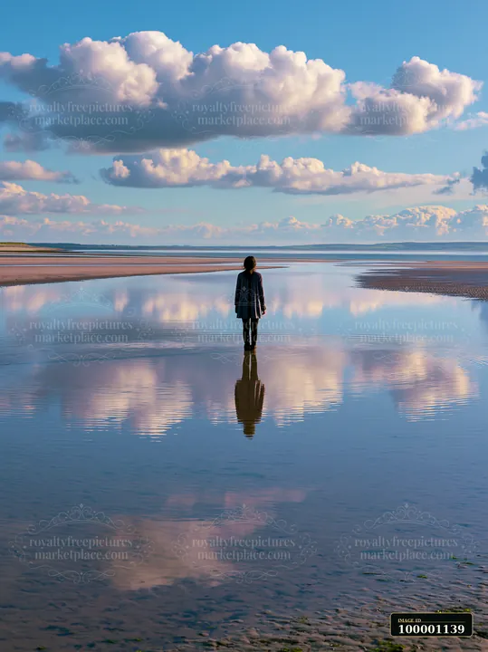 A lone person stands on wet sand, reflecting clouds and sky.
