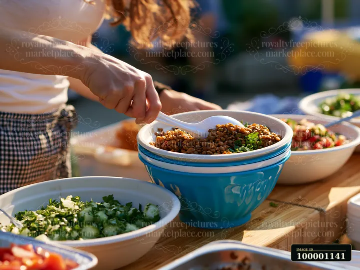A person serves lentils from a bowl at a buffet.