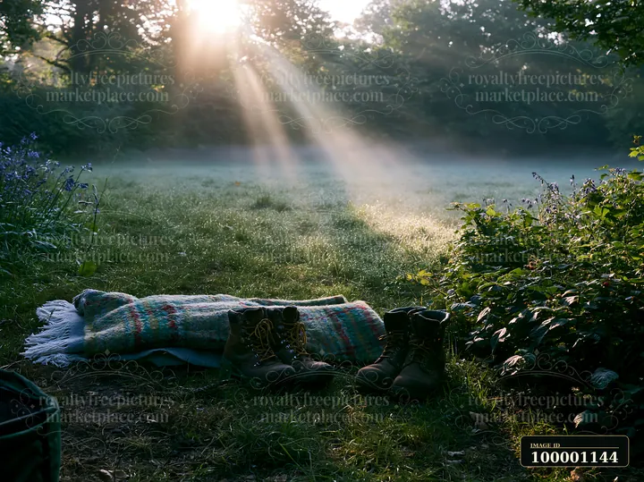 Sunbeams over a misty meadow shine through trees, illuminating a grassy area.