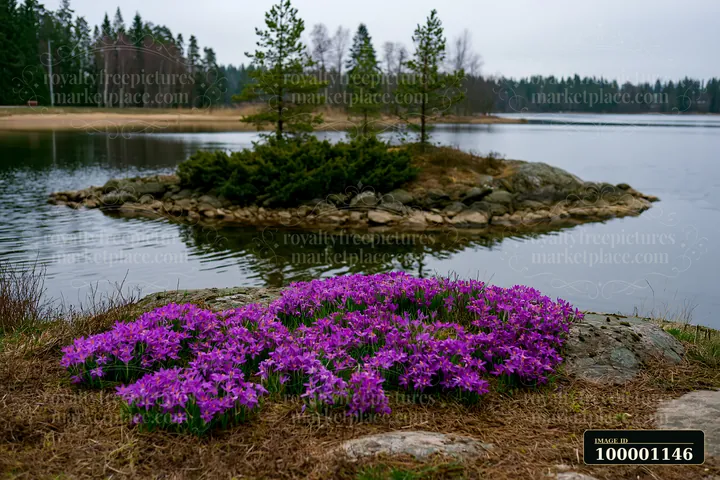 A cluster of crocuses grows on a small island in a lake near pine trees.