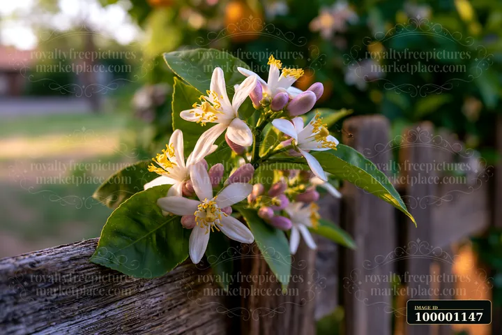 Lemon tree blossoms in sunlight are visible against a wooden fence in a garden.