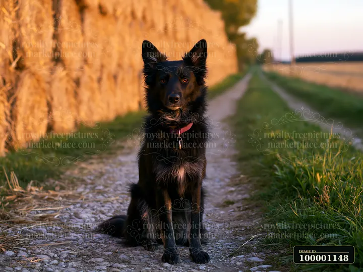 A rare dog breed is looking at the camera while sitting on a gravel path bordered by hay bales.