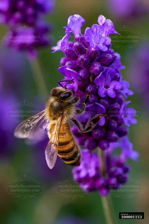 A honey bee collects nectar from a purple lavender flower.