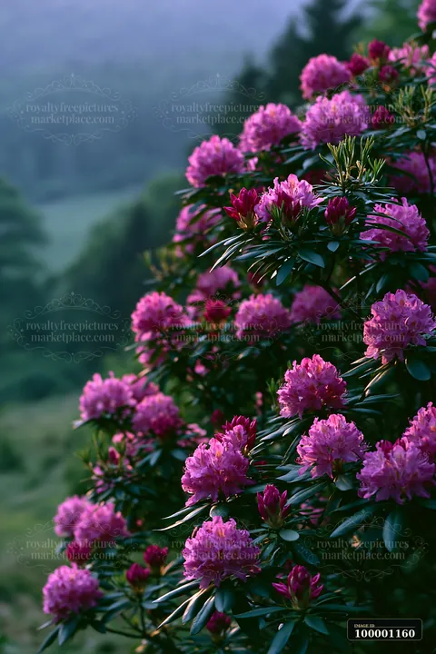 Rhododendron blooming hillside shows vibrant pink flowers growing densely on a hillside in early morning light.