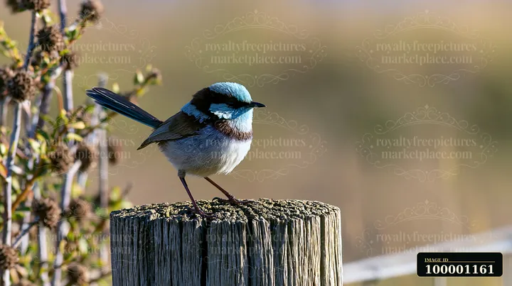 A fairy wren stands on a wooden post in native shrubland, surrounded by green vegetation and natural habitat.