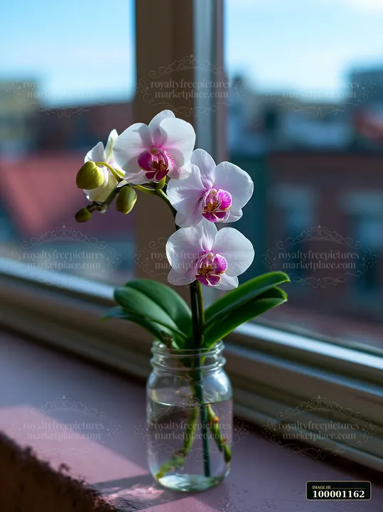 An orchid flower on windowsill stands in a jar of water, with bright sunlight illuminating the scene.