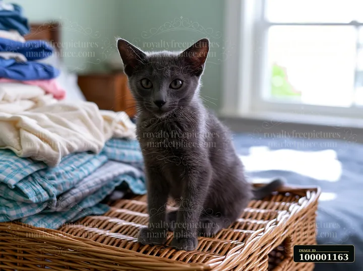 A Korat kitten is perched on a wicker basket filled with neatly folded clothes.