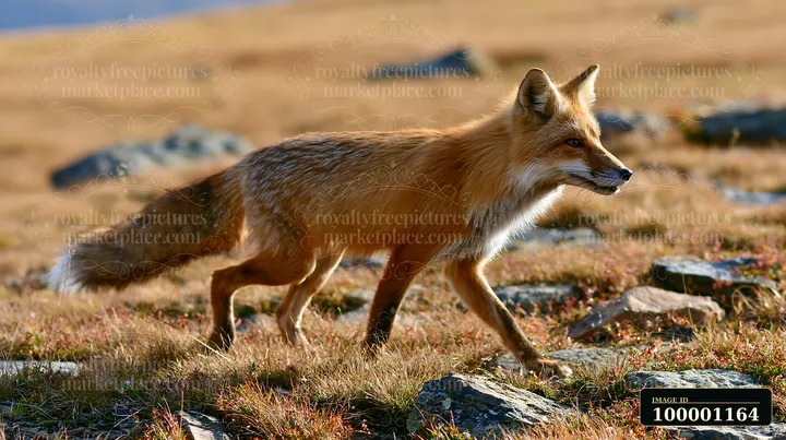 A fox crosses a meadow filled with dry grass and stones.
