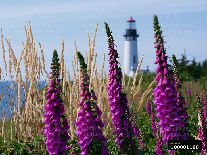 A tall lighthouse stands in the background with vibrant wildflowers in the foreground.