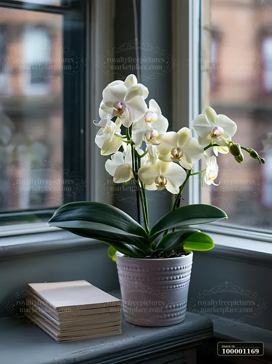 A white orchid flower on windowsill surrounded by soft light and a stack of books.