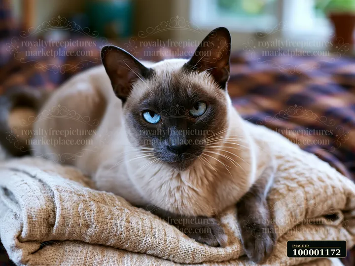 A Tonkinese cat lays on a folded blanket in a cozy indoor setting.
