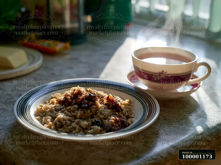 A breakfast plate with oatmeal sits beside a cup of coffee on a kitchen counter.