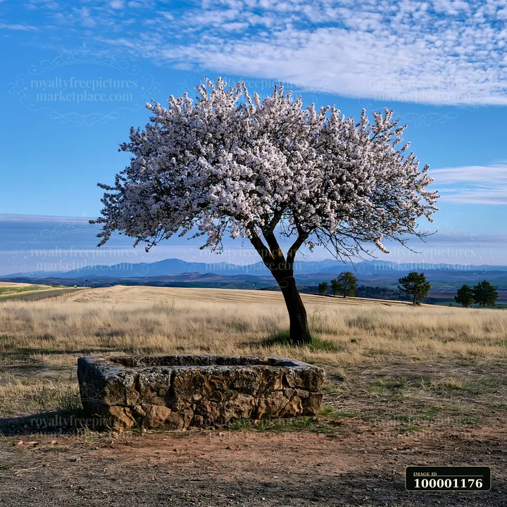 A blooming almond tree stands in a grassy landscape under a blue sky.