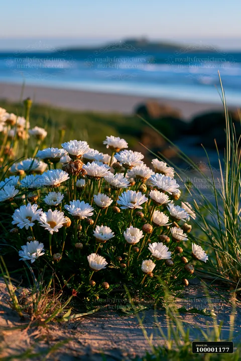 Flowers grow near the shore of a sandy beach, with gentle waves in the background and an island visible in the distance.